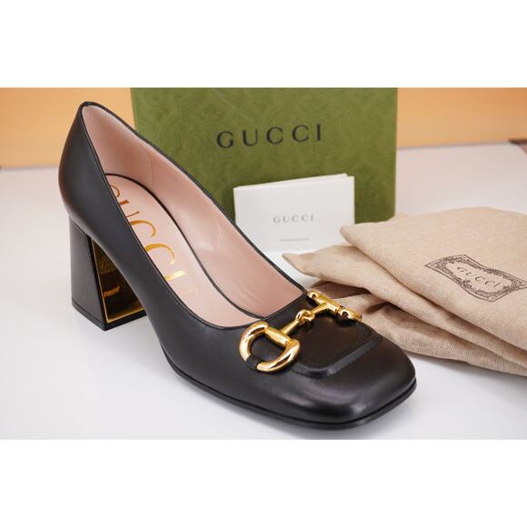 Gucci Shoes - Gucci Black Leather Horsebit Block Heel Pumps with Gold Hardware